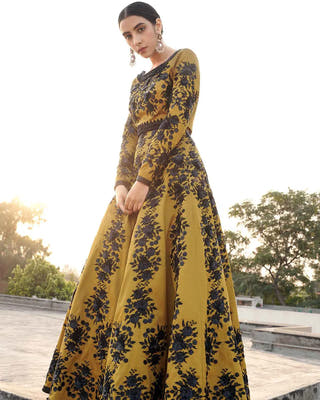 Mustard and Black Mehndi Lehenga Choli with detailed craftsmanship by Waqas Shah Official