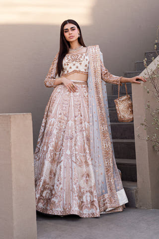 Mystic Rose white Pakistani nikkah lehenga choli, full front view with rose gold embroidered flared lehenga and net dupatta