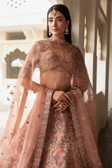 Naz Bano champagne brown nikkah lehenga with embroidered organza dupatta – Waqas Shah Official