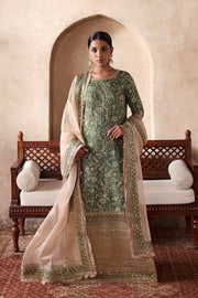 Payal premium Pakistani designer dress by Waqas Shah Official in sage green featuring intricate floral embroidery, luxury craftsmanship, and an elegant formal silhouette.