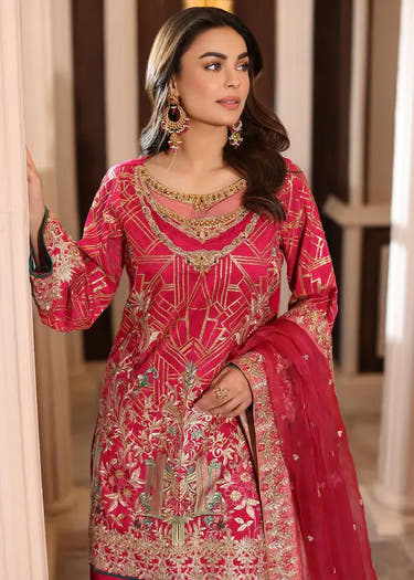 Pink Luxury Pret Raw Silk shirt with intricate embroidery by Waqas Shah Official