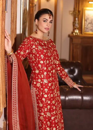 Red Luxury Pret dress featuring an embellished Raw Silk shirt by Waqas Shah Official