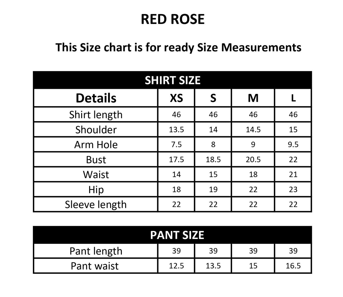 RED ROSE size chart