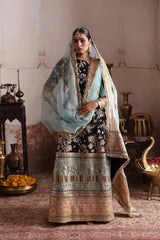 Roshanai luxury black Pakistani designer dress by Waqas Shah Official featuring a timeless straight-cut silhouette with intricate multicolor floral embroidery.
