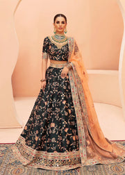 Shah Bano latest trending luxury mehndi & formal lehenga in Dark Green with mirror work, pearls, zardozi, and tone-on-tone embroidery by Waqas Shah Lahore Pakistan