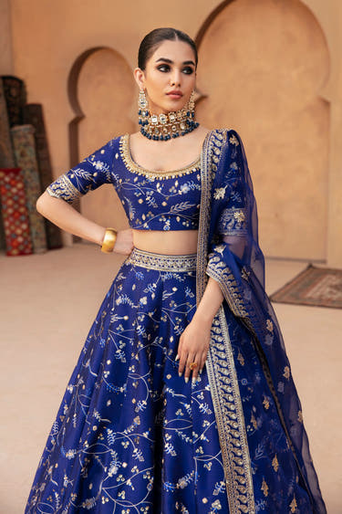 Shahnaaz midnight blue mirror work lehenga choli with embroidered organza dupatta
