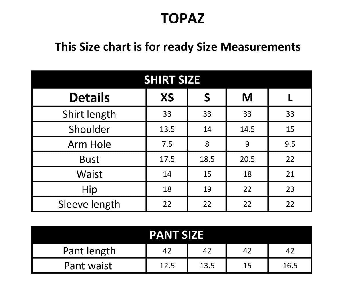 TOPAZ size chart