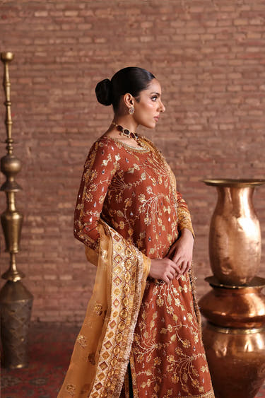 Latest Rust Brown Mehndi designer dress by Waqas Shah Official featuring intricate floral embroidery and luxury craftsmanship