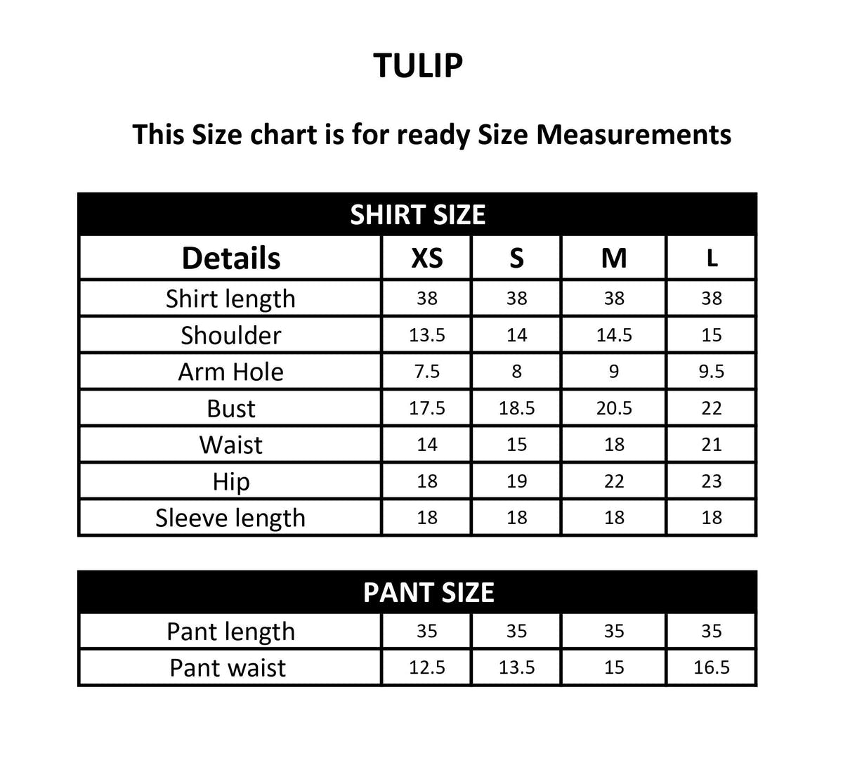 TULIP size chart