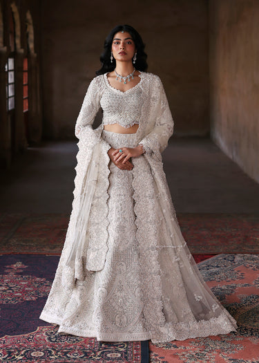 White Beige Bridal Lehenga Choli by Waqas Shah featuring luxurious hand embroidery and elegant Pakistani bridal craftsmanship