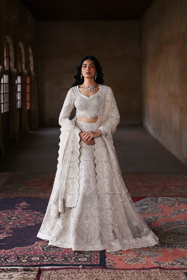 White Beige Bridal Lehenga Choli by Waqas Shah featuring luxurious hand embroidery and elegant Pakistani bridal craftsmanship