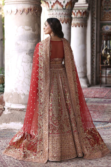 Back view of the Zarafshan bridal lehenga showing the embroidered panels and dupatta border by Waqas Shah Official