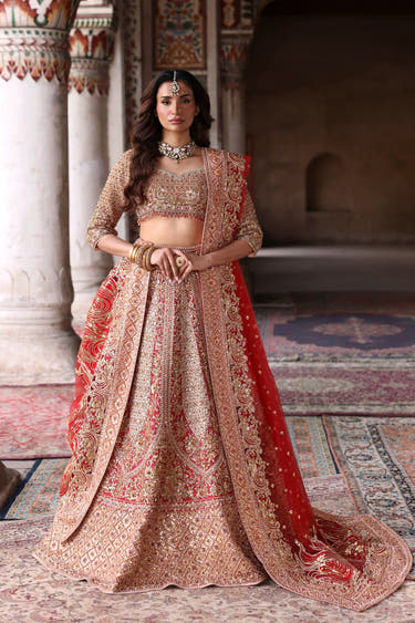 Zarafshan red and antique gold bridal lehenga choli with zardozi and dabka hand embroidery by Waqas Shah Official