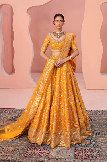 Zari mustard yellow Pakistani mehndi bridal lehenga choli, full front view with mirror work and organza dupatta