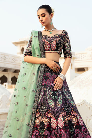 Zarqa Bano black luxury wedding lehenga, draped dupatta and zardozi choli – Waqas Shah Official