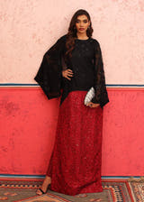 SHAH TURKAN Black Maroon Pakistani formal dress with embroidered net shirt by Waqas Shah Official