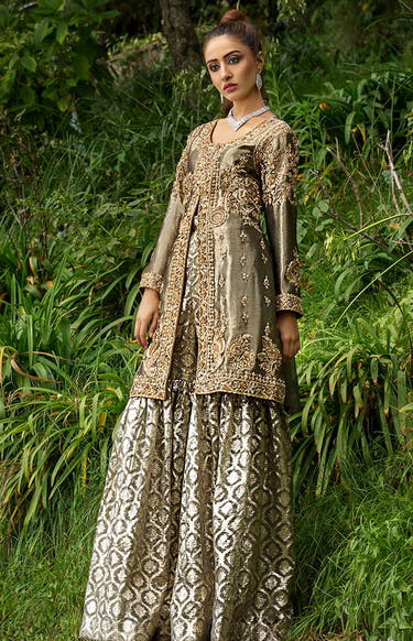 Ash Gray Badla Sharara with an elegant flared silhouette for Mehndi wear by Waqas Shah Official