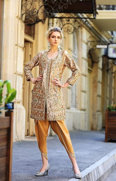 AURELIA Gold Pakistani Formal Dress with detailed Tissue shirt and Raw Silk trouser by Waqas Shah Official