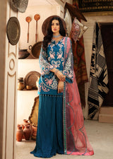 Azure Blue Pakistani luxury formal suit with embellished Organza shirt and dupatta by Waqas Shah Official