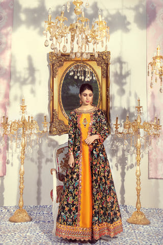 Black and Mustard Raw Silk Designer Maxi featuring intricate traditional handwork by Waqas Shah Official