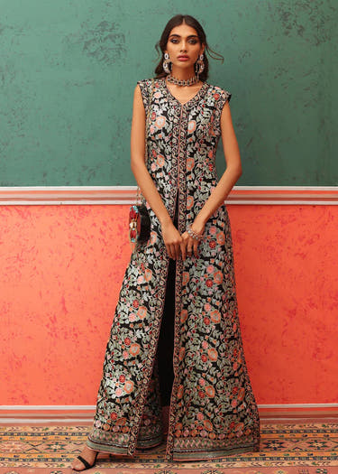 Black Raw Silk Designer Gown paired with matching Trouser by Waqas Shah Official