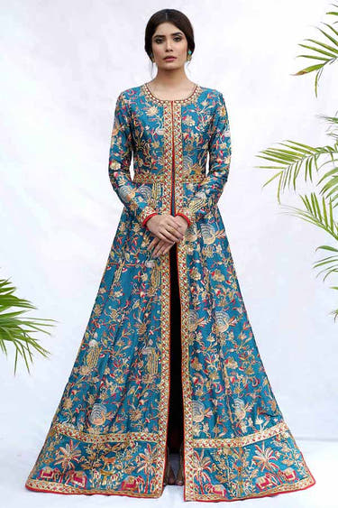 Blue Pakistani Pishwas Mehndi dress with open-front Raw Silk gown by Waqas Shah Official