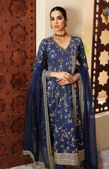 Blue Pakistani Pishwas with mirror and Tilla work by Waqas Shah Official