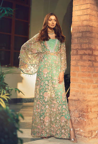 Coral Green Organza Kaftan with embellished borders for Luxury Pret by Waqas Shah Official