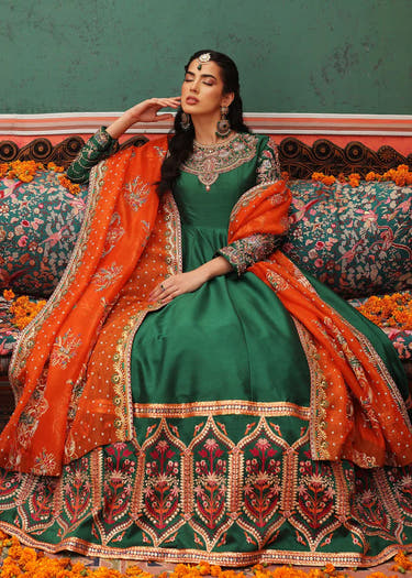 Dark green Mehndi bridal maxi dress with intricate neckline and embellished sleeves by Waqas Shah Official
