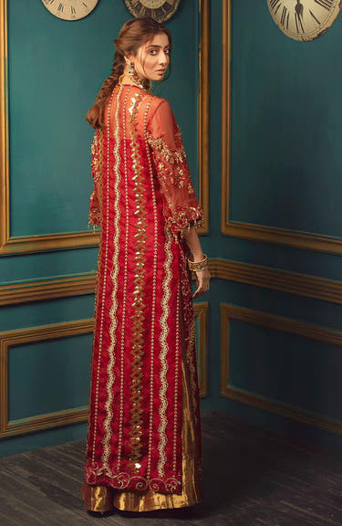 Deep Red open front Organza Gown with elaborate embellished detailing by Waqas Shah Official