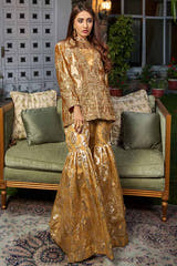 EVA Peach Gold Mehndi Dress with embellished Tissue jacket and Badla Sharara by Waqas Shah Official