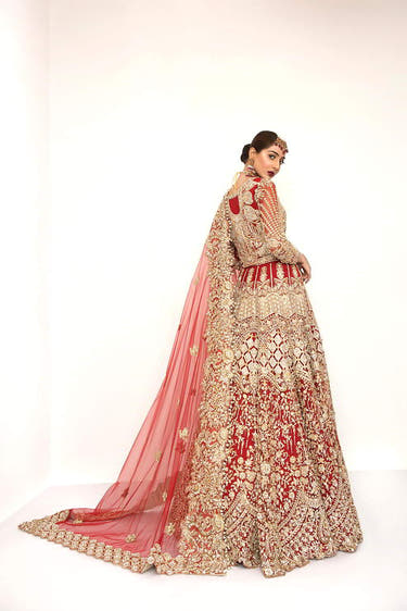 Gold and Red Pakistani Bridal Lehenga with Swarovski and detailed embroidery by Waqas Shah Official