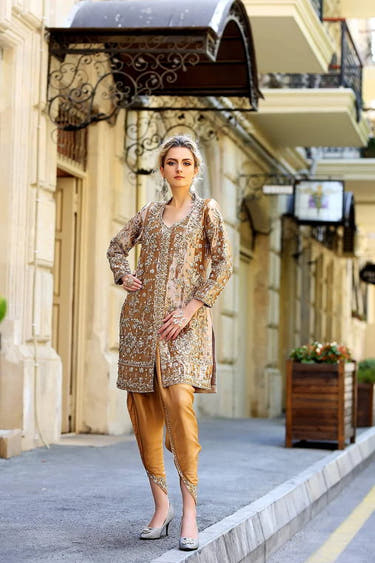 Gold Tissue shirt with intricate handcrafted embroidery for formal wear by Waqas Shah Official