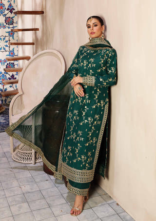 Green Pakistani casual wear outfit featuring Raw Silk shirt and trouser with Organza dupatta by Waqas Shah Official