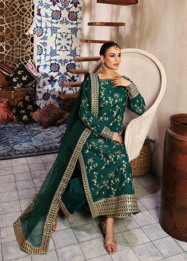 Green Raw Silk Pakistani shirt and trouser with delicate embroidery by Waqas Shah Official