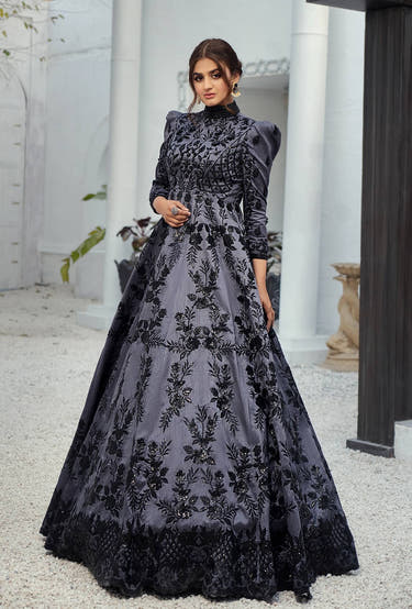 Grey Bridal Maxi featuring intricate dark floral embroidery by Waqas Shah Official