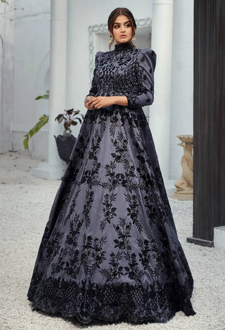 Grey Raw Silk Luxury Formal Maxi with floral embellishment by Waqas Shah Official