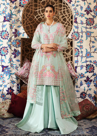 Ice Blue luxury formal dress with embroidered Shirt, Sharara and Dupatta by Waqas Shah Official