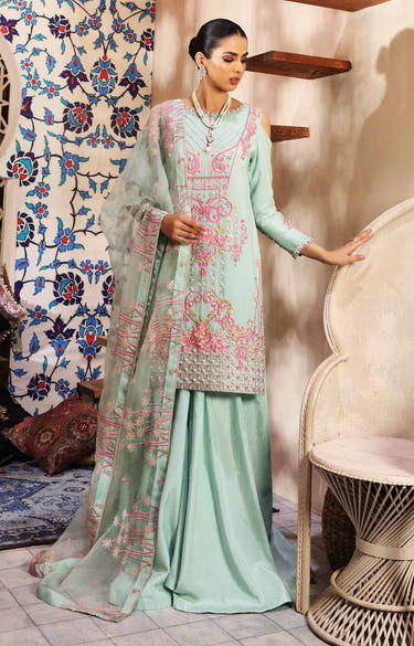 Ice Blue Raw Silk Shirt with multicolour bead, pearl, stone and pipe work by Waqas Shah Official