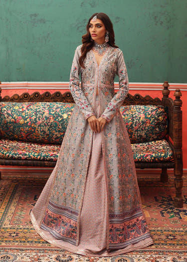 IZZ-UN-NISA open front Raw Silk gown with embellished sleeves by Waqas Shah Official