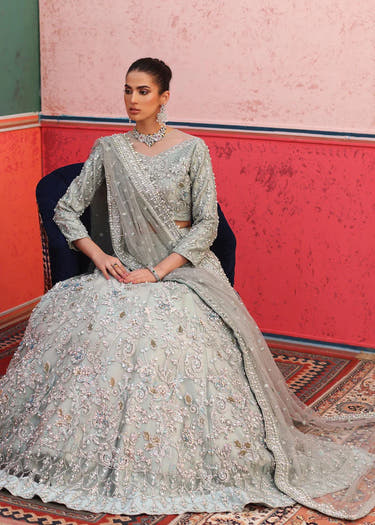 Jahanara Ice Mint Pakistani bridal lehenga with dabka crystals pearls and sequins by Waqas Shah Official
