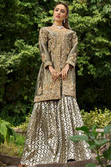 JULIA Ash Gray Mehndi Dress with hand embellished Tissue shirt and Badla Sharara by Waqas Shah Official