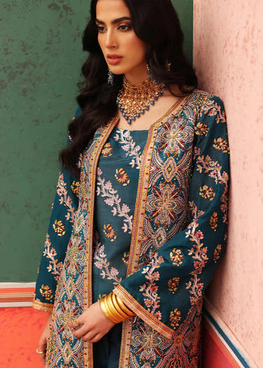 Khas Mahal Zinc open front Raw Silk gown with intricate border by Waqas Shah Official
