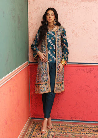 Khas Mahal Zinc Pakistani formal open front gown with trouser by Waqas Shah Official