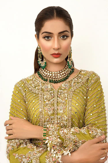 Mehndi Raw Silk Bridal Shirt featuring Gota Resham wildflower and filigree embroidery by Waqas Shah Official