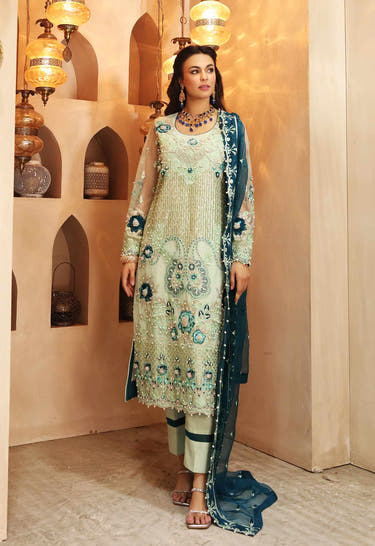 Mint Green Pakistani formal Net shirt with Resham and hand embellishment by Waqas Shah Official