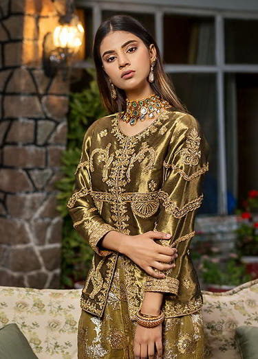 Moss Green embellished Tissue shirt with Naqshi Dabka Swarovski and beads by Waqas Shah Official