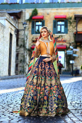 Mustard Gold and Blue Bridal Lehenga Choli with richly embellished Raw Silk by Waqas Shah Official