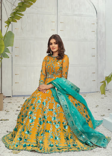 Mustard hand embellished Maxi with detailed front back and sleeves by Waqas Shah Official