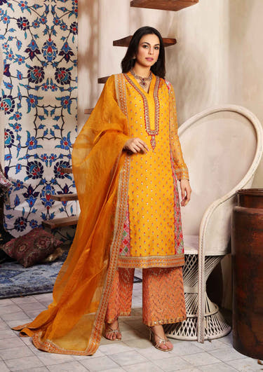 Mustard Organza shirt with Green Pink and Maroon embroidered motifs by Waqas Shah Official